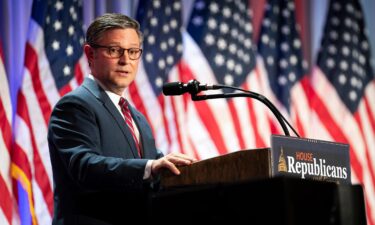 House Speaker Mike Johnson speaks during a House Republicans Conference meeting at the Hyatt Regency on Capitol Hill on November 13