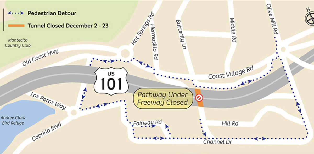Coastal access walkway under Highway 101 to Butterfly Beach closes