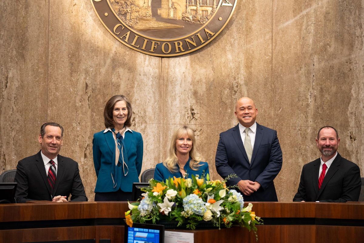 The 2025 county Board of Supervisors is poised to preside over a new chapter in cannabis industry regulations. From left to right are Fifth District Supervisor Steve Lavagnino, Third District Supervisor Joan Hartmann, the new Chair and Second District Supervisor Laura Capps, newly sworn-in First District Supervisor Roy Lee and Fourth District Supervisor Bob Nelson. 
