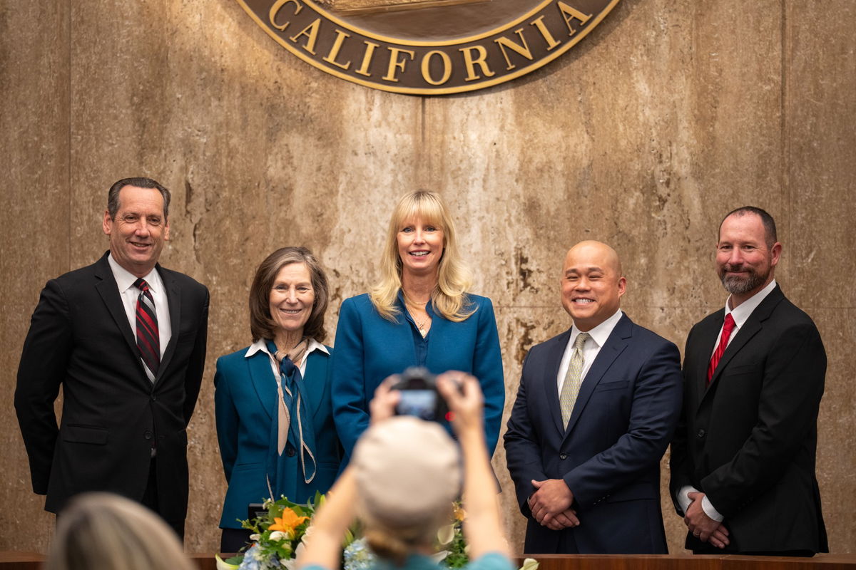 The county Board of Supervisors, shown here on Jan. 7, includes a new member, Roy Lee of Carpinteria. Left to right, the supervisors are Larry Lavagnino (5th District), Joan Hartmann (3rd District), Laura Capps (2nd District), Roy Lee (1st District) and Bob Nelson (4th District). Photo by Carl Perry