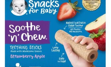 The packaging of Gerber's strawberry-apple "Soothe N Chew" teething sticks