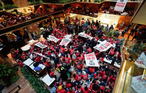 Demonstrators from human rights organization Jewish Voice for Peace holds a civil disobedience action inside Trump Tower in New York on March 13.