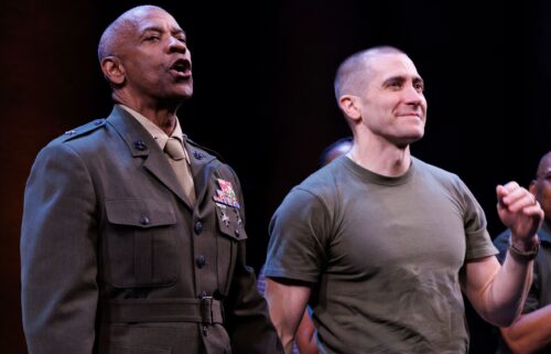 Denzel Washington and Jake Gyllenhaal participate in the curtain call for the Broadway opening night of William Shakespeare's "Othello" on March 23.