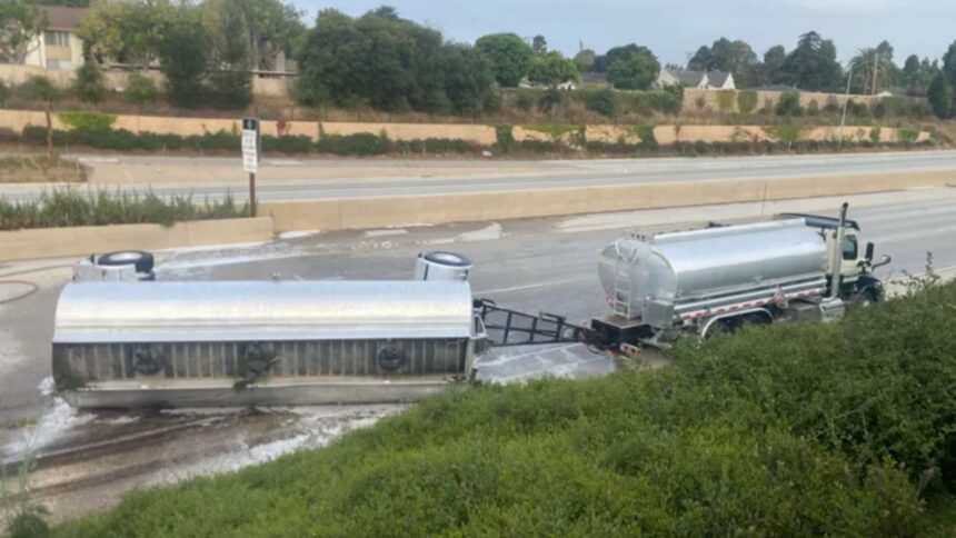 Fuel tanker overturns on Highway 101 in Carpinteria