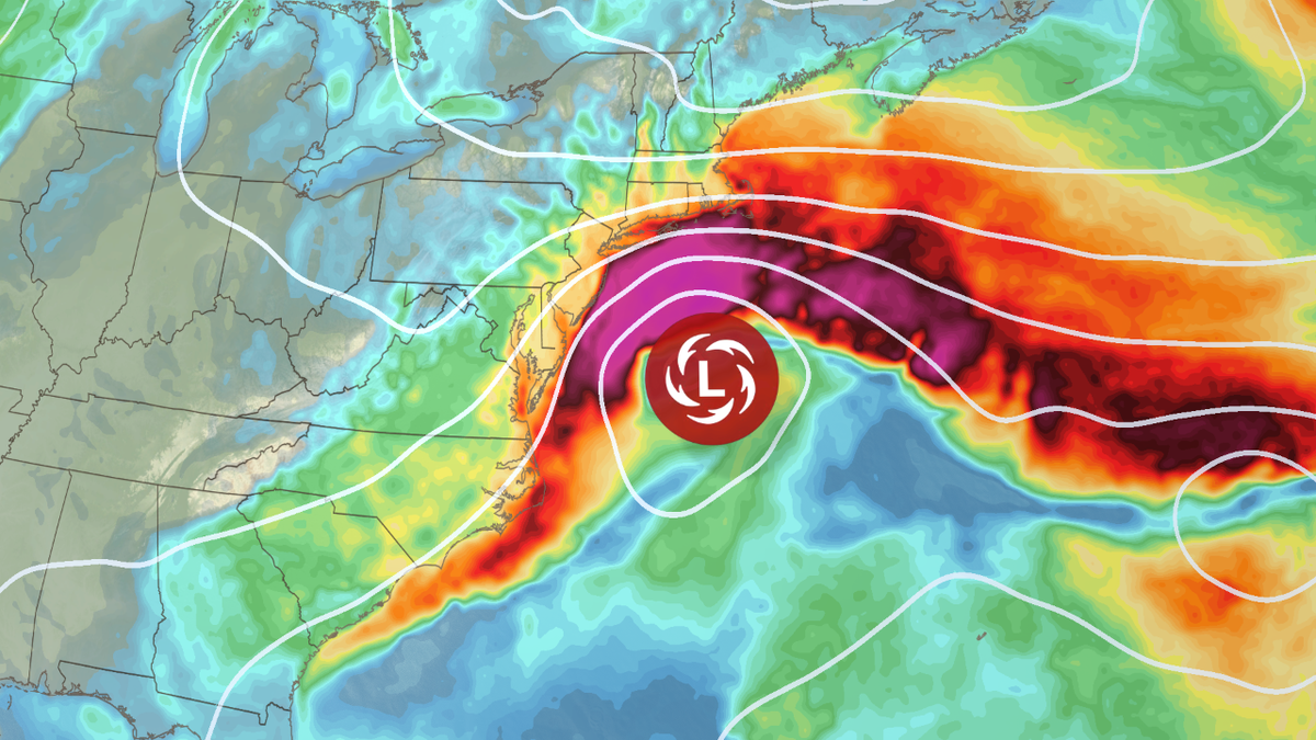 A nor'easter develops and delivers strong wind gusts (oranges